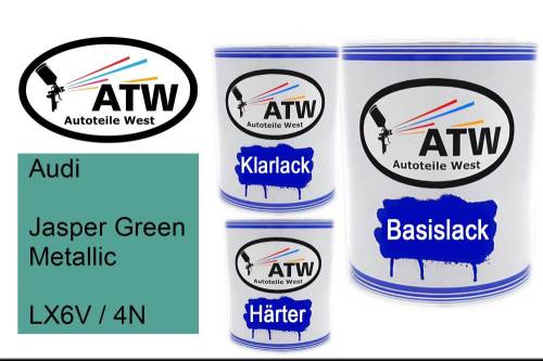 Audi, Jasper Green Metallic, LX6V / 4N: 1L Lackdose + 1L Klarlack + 500ml Härter - Set, von ATW Autoteile West.